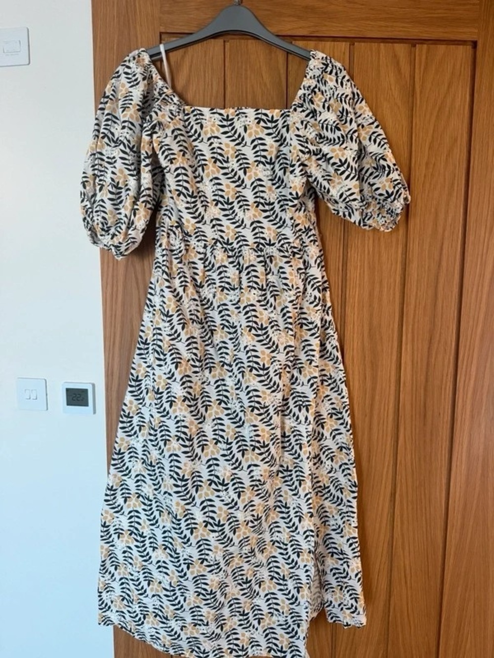 Square Neck Puff Sleeve Maxi Dress in Black and Cream Leaf Print